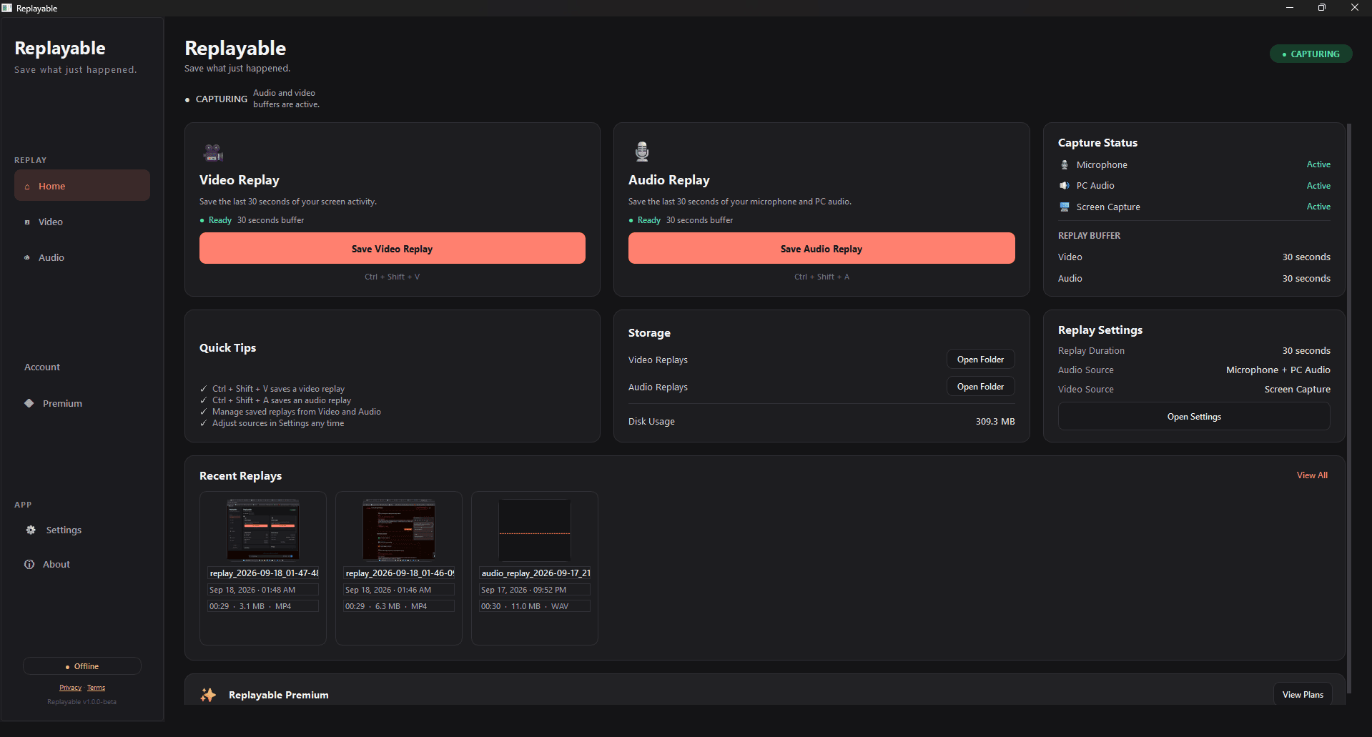 Replayable on Windows showing the capture status and replay controls